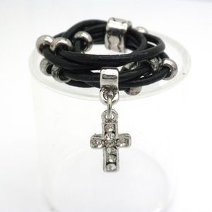 Cross Leather Silver Tone Crystal Ring